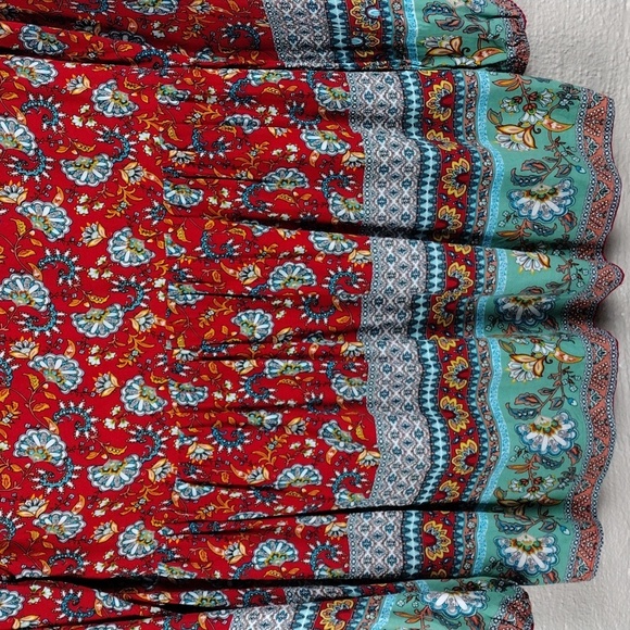 Suzanne Betro Weekend Red Blue Floral Button V-Neck Long Sleeve Bohemian Top - Picture 10 of 13